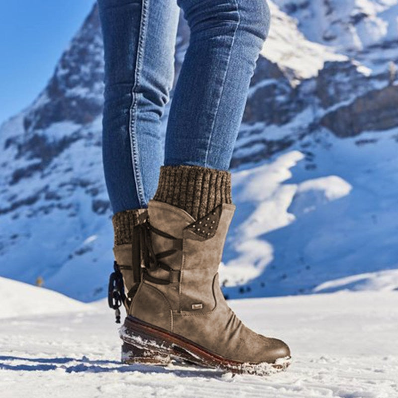 Women's Mid-Calf Boots - Flocked Snow Boots in Suede for Warm Comfort