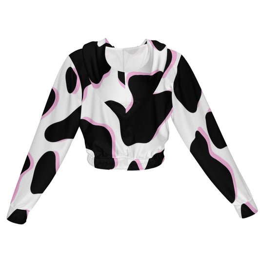 Black and Pink Cow Pattern Women's Chiffon Cropped Jacket Zipper Hoodie