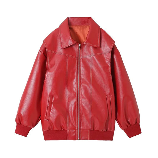Faux Leather Oversized Bomber Jacket for Women