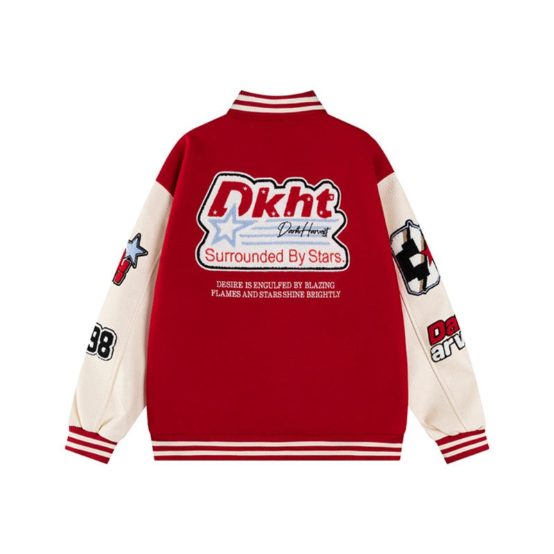 Letter Embroidered Leather Varsity Jacket