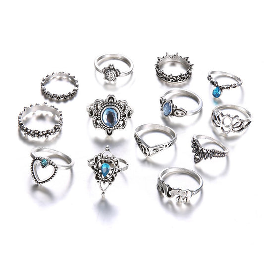 Vintage Diamond Carved Crown Starry Sky Ring Set