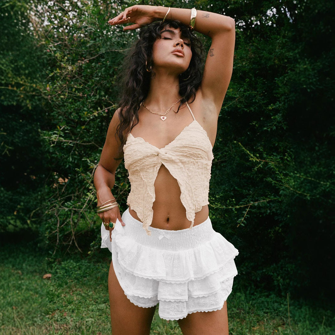 Playful Bow Lace Trim Tiered Skirt - Aesthetic Slimming Short Skirt