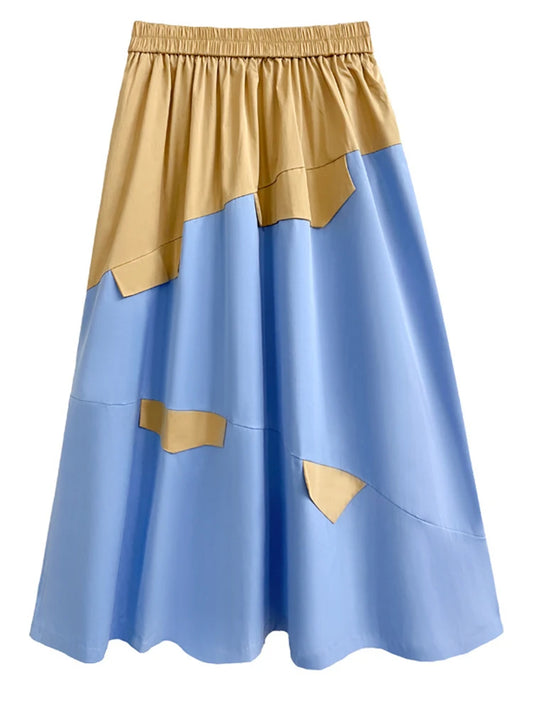 High Elastic Waist Khaki Color-block A-line Skirt for Women