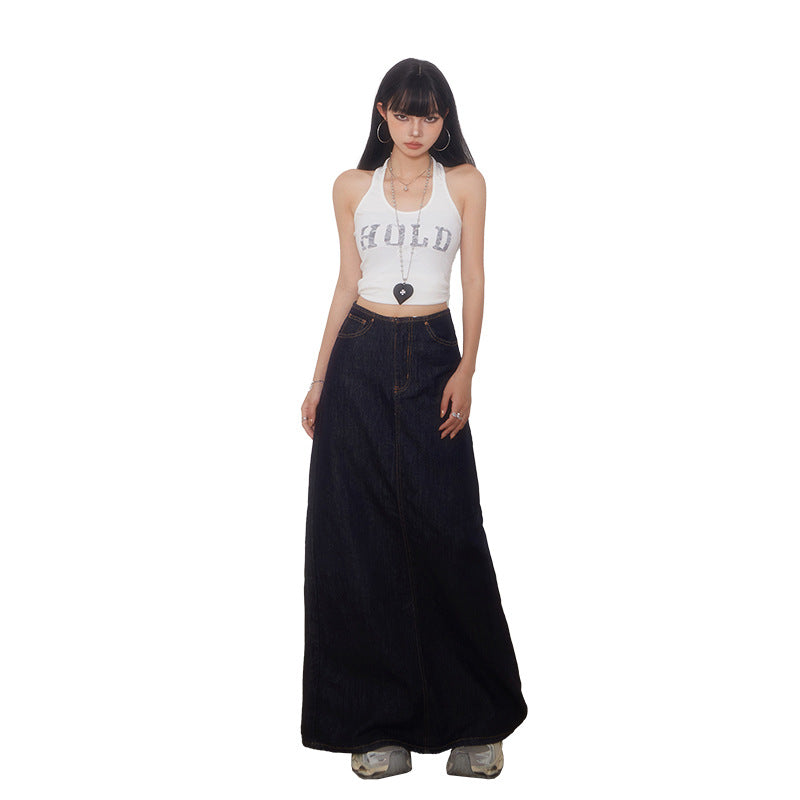Women's High-Waisted Slit Denim Skirt - Loose Slimming Long Skirt