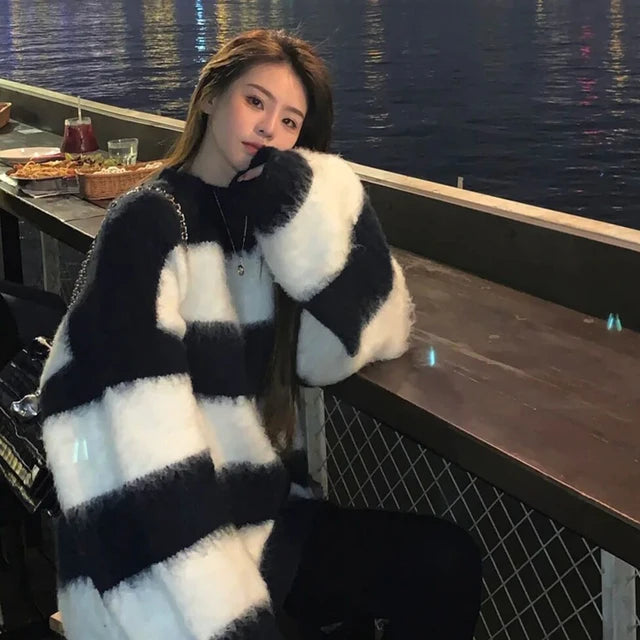 Women's Mohair Sweater - Fashion Striped Egirl Knit Top - Sexy Pullover - Harajuku Oversized Knit Sweater - Emo Nightclub Streetwear