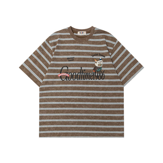 Retro Striped Cartoon Letter Print T-Shirt