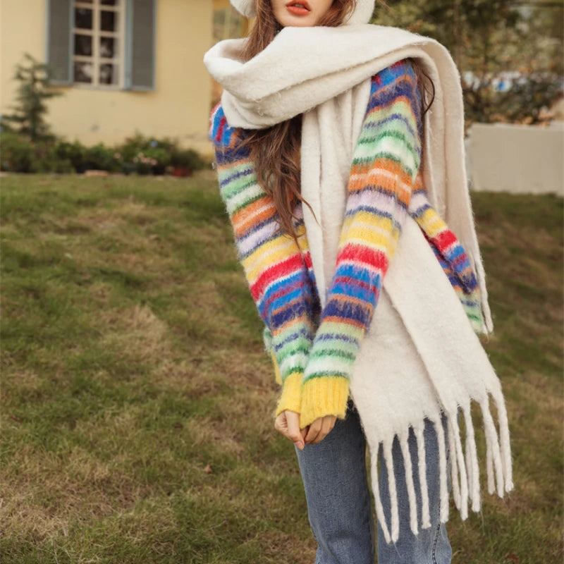 Rainbow Mohair Striped V-Neck Cardigan for Women