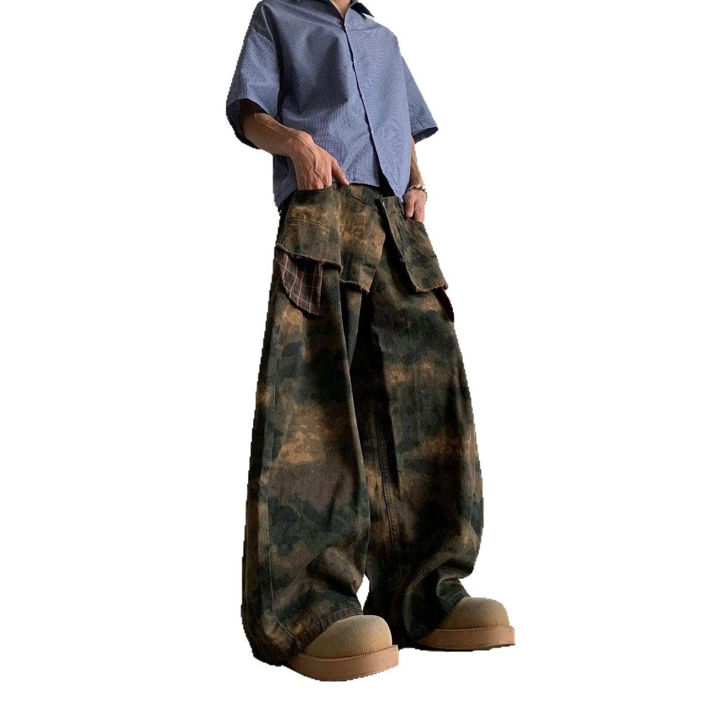 Camouflage Wide Leg Double-Waisted Jeans