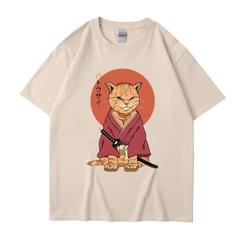 Cute Ninja Cat Print T-Shirt for Men and Women, Cool Summer Short Sleeved Round Neck T-Shirt