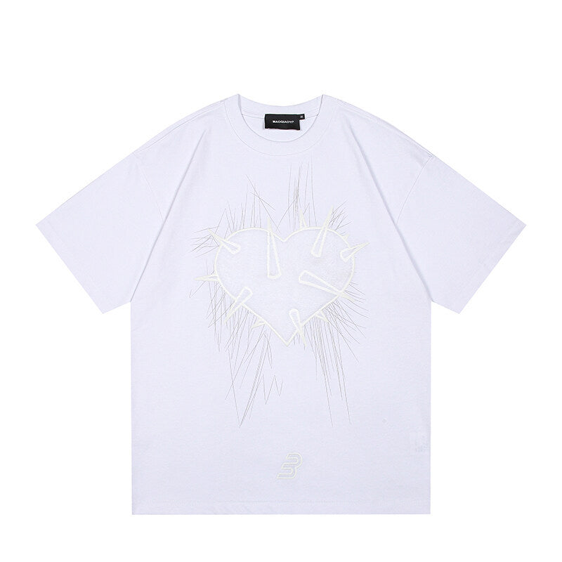 Harajuku Style Water Washed Plush Heart Loose T-Shirt