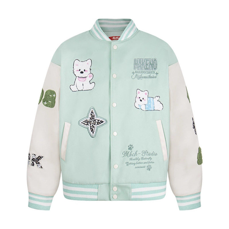 Patchwork Dog Cotton-Filled Baseball Jacket Loose Fit Unisex Outerwear