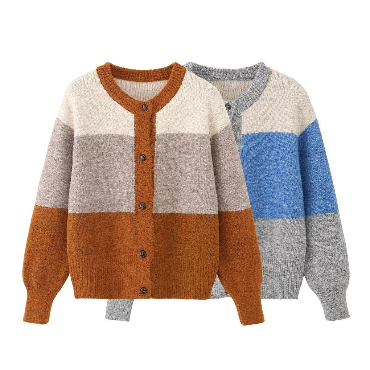 Striped Round Neck Single-Breasted Long-Sleeve Sweater