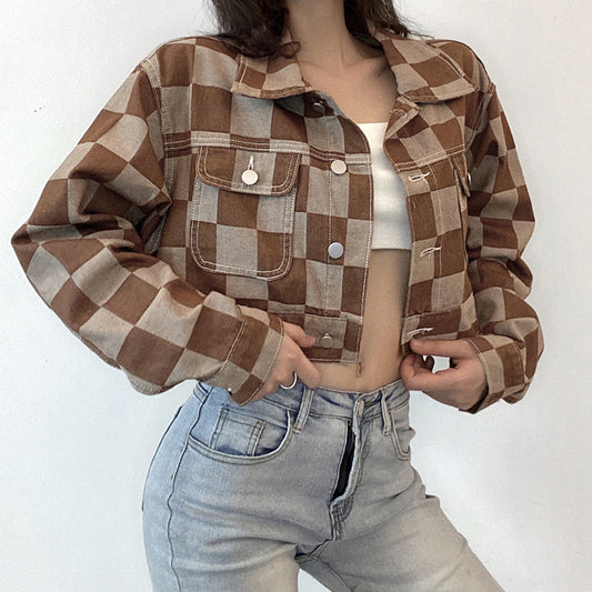 Vintage Brown Plaid Denim Jacket for Women