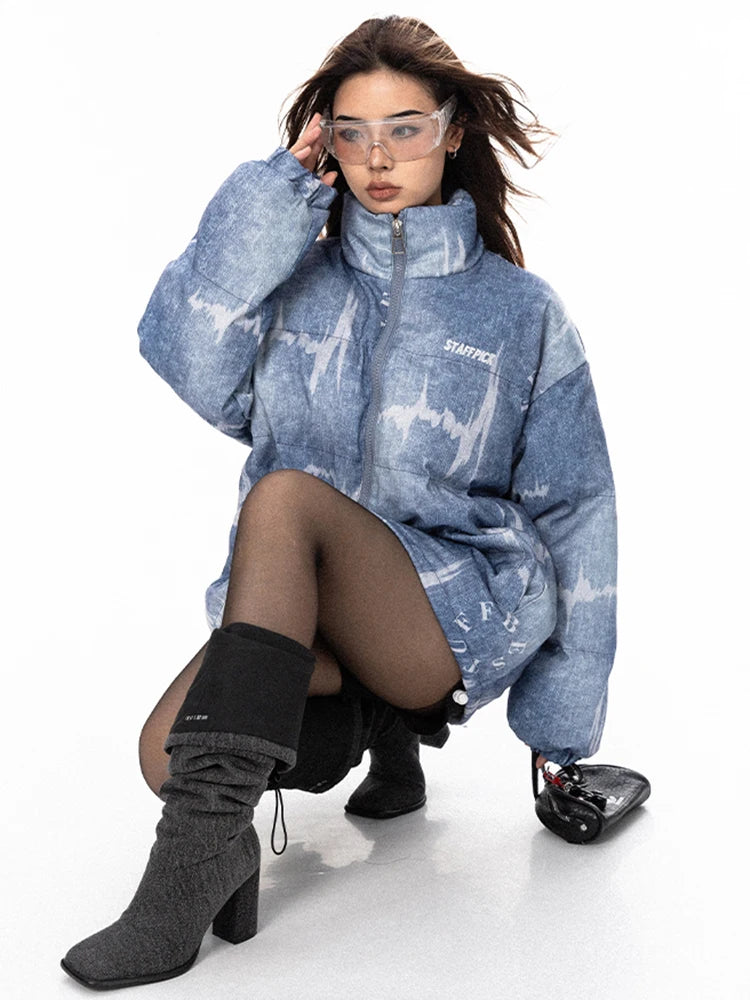 Playful Imitation Jean Printed Cotton Padded Coat