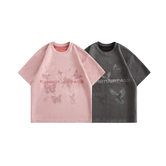 Butterfly Letter Printed Suede Short Sleeved T-Shirt for Men