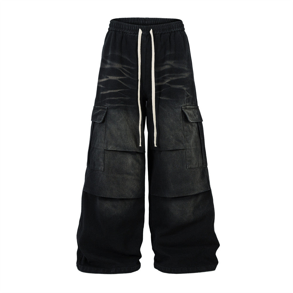 Harajuku Style Loose Pleated Denim Work Pants for Men