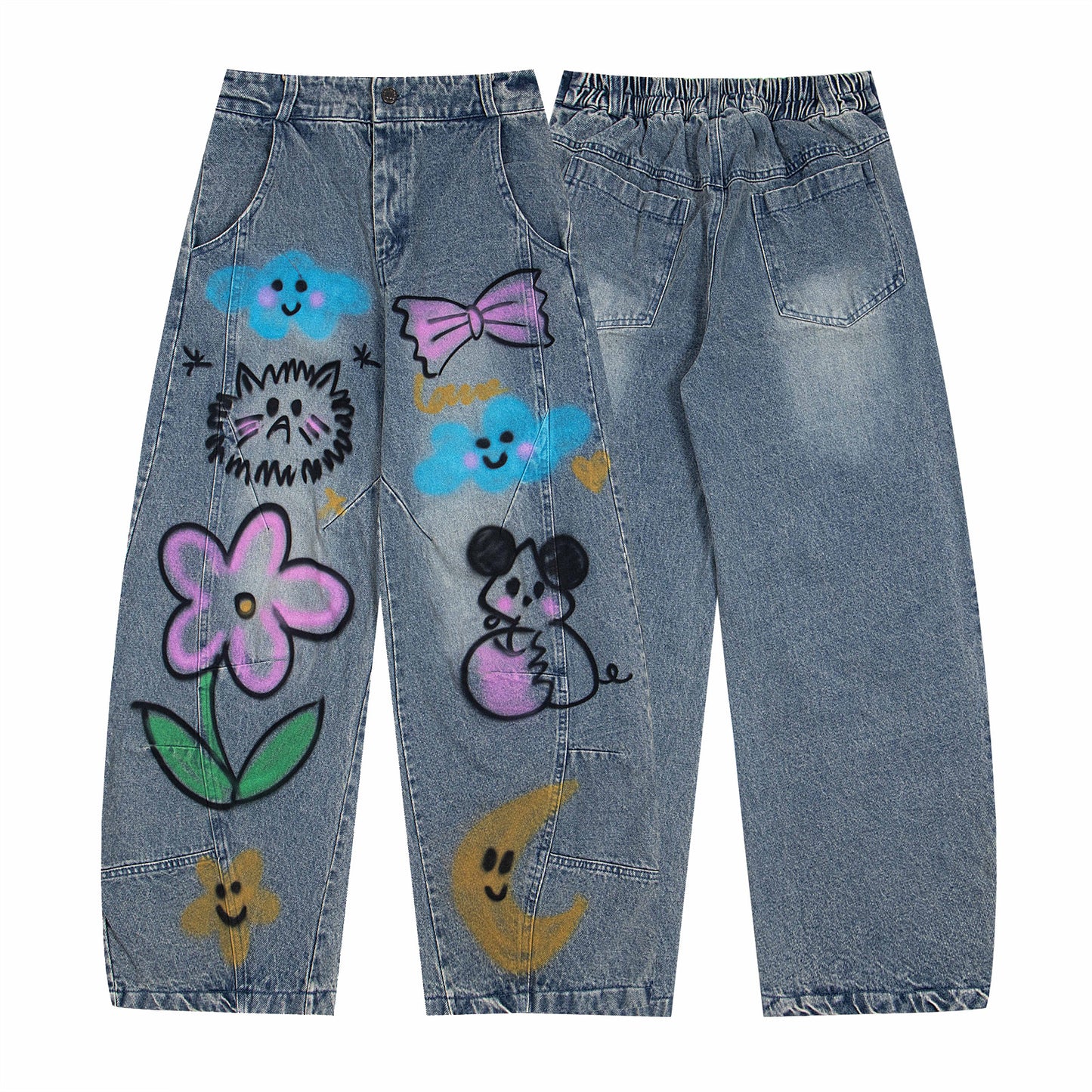 Playful Cartoon Graffiti Wide Leg Jeans