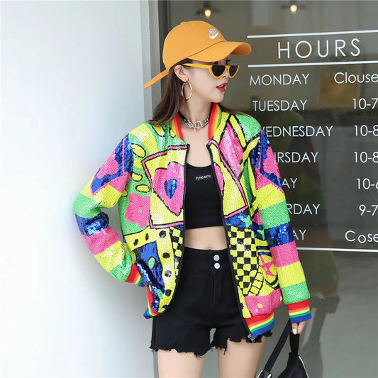 Playful Geometric Print Long Sleeve Jacket for Women