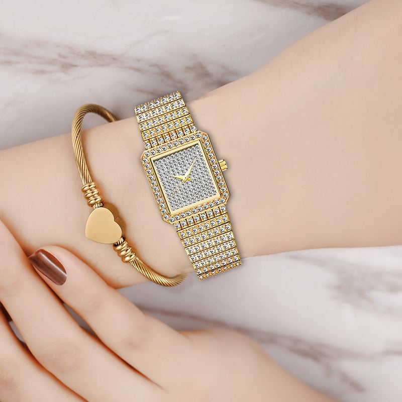 Luxury Gold Square Diamond Watch for Women