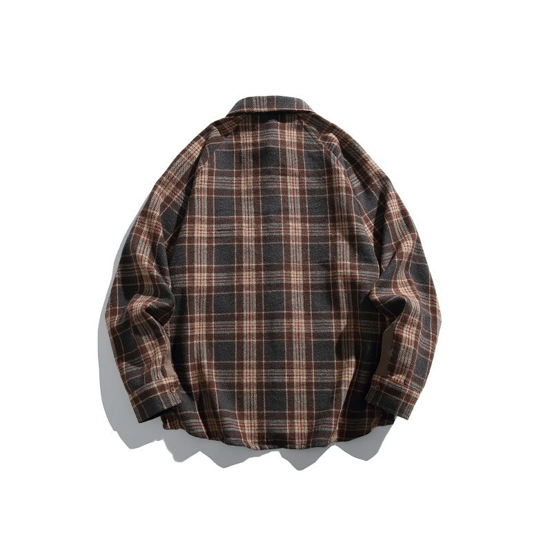 Color-Blocked Checkered Zipper Pocket Loose Long Sleeve Shirt