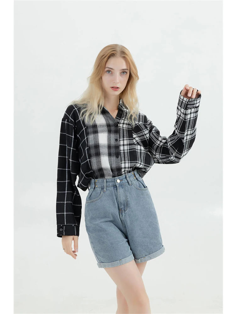 Oversized Plaid Patchwork Blouse - Harajuku Vintage Shirt