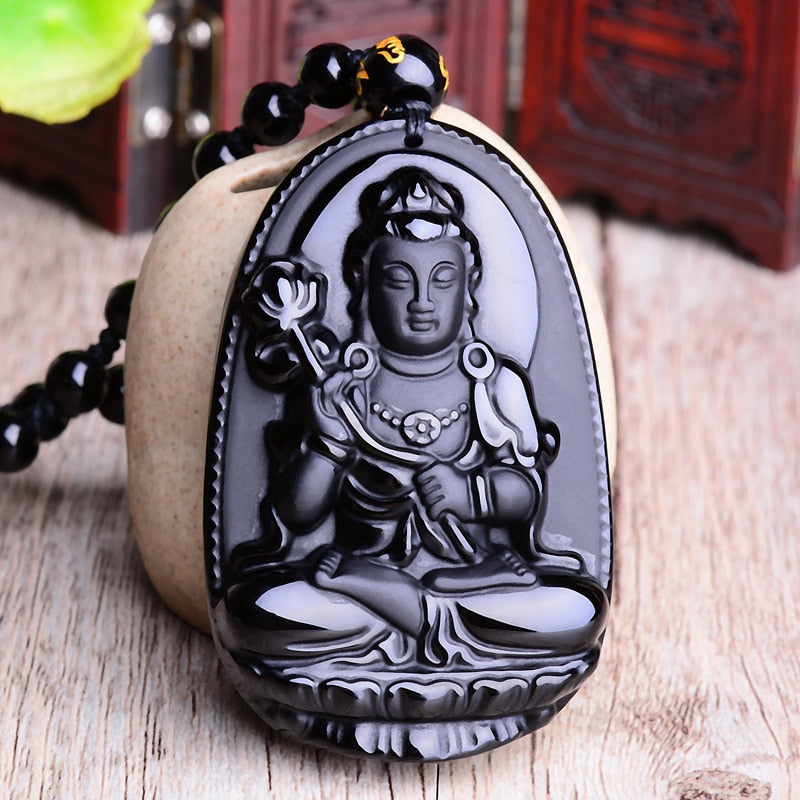 Black Obsidian Six Stars Lucky Amulet Pendant Necklace