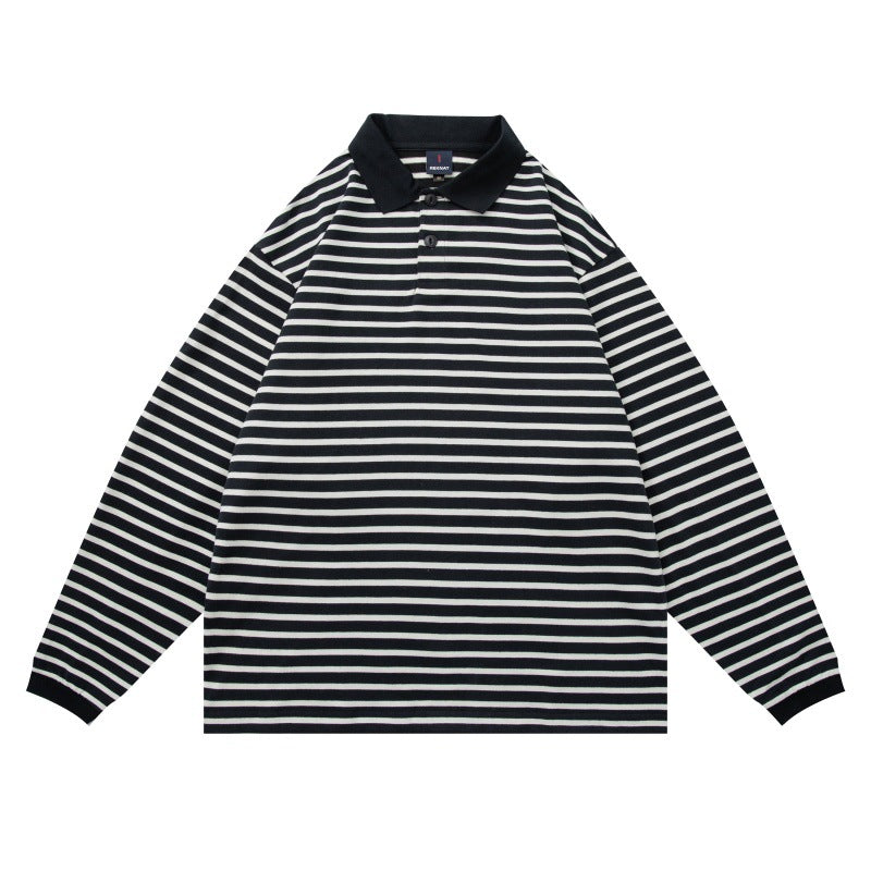 Casual Stripe Polo Shirt for Men - Loose Fit Long Sleeve T-Shirt