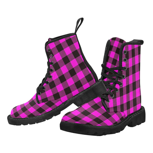 Pink and Black Plaid Women's Lace Up Canvas Boots