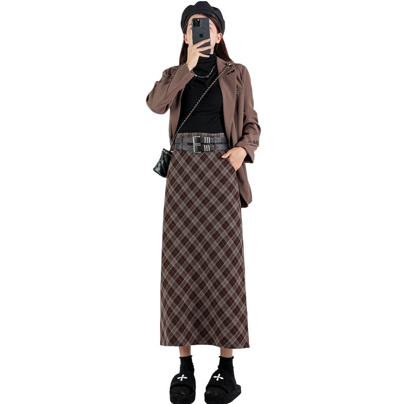 Women's College Style High Waist Plaid Slit A-Line Midi Skirt - Loose Elastic Slim Fit Pencil Skirt