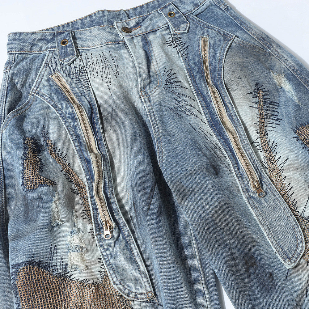 Post-Apocalyptic Stained Wide-Leg Denim Pants