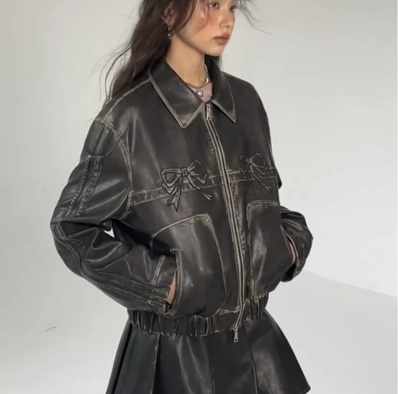 Harajuku Style Women's Bow PU Motorcycle Leather Jacket