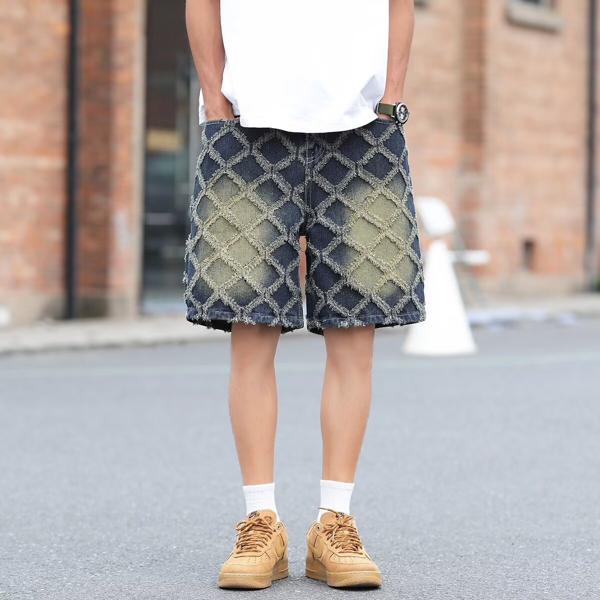 Wide Leg Washed Jacquard Loose Denim Shorts for Men