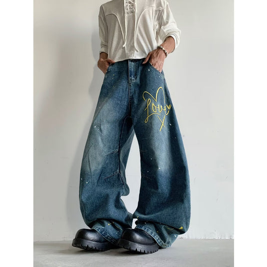 Playful Embroidered Ink Splash Wide Leg Pants