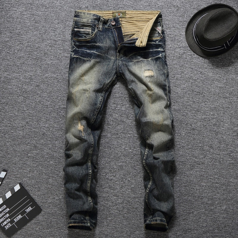 Men's Vintage Retro Slim Fit Ripped Jeans - Harajuku Style