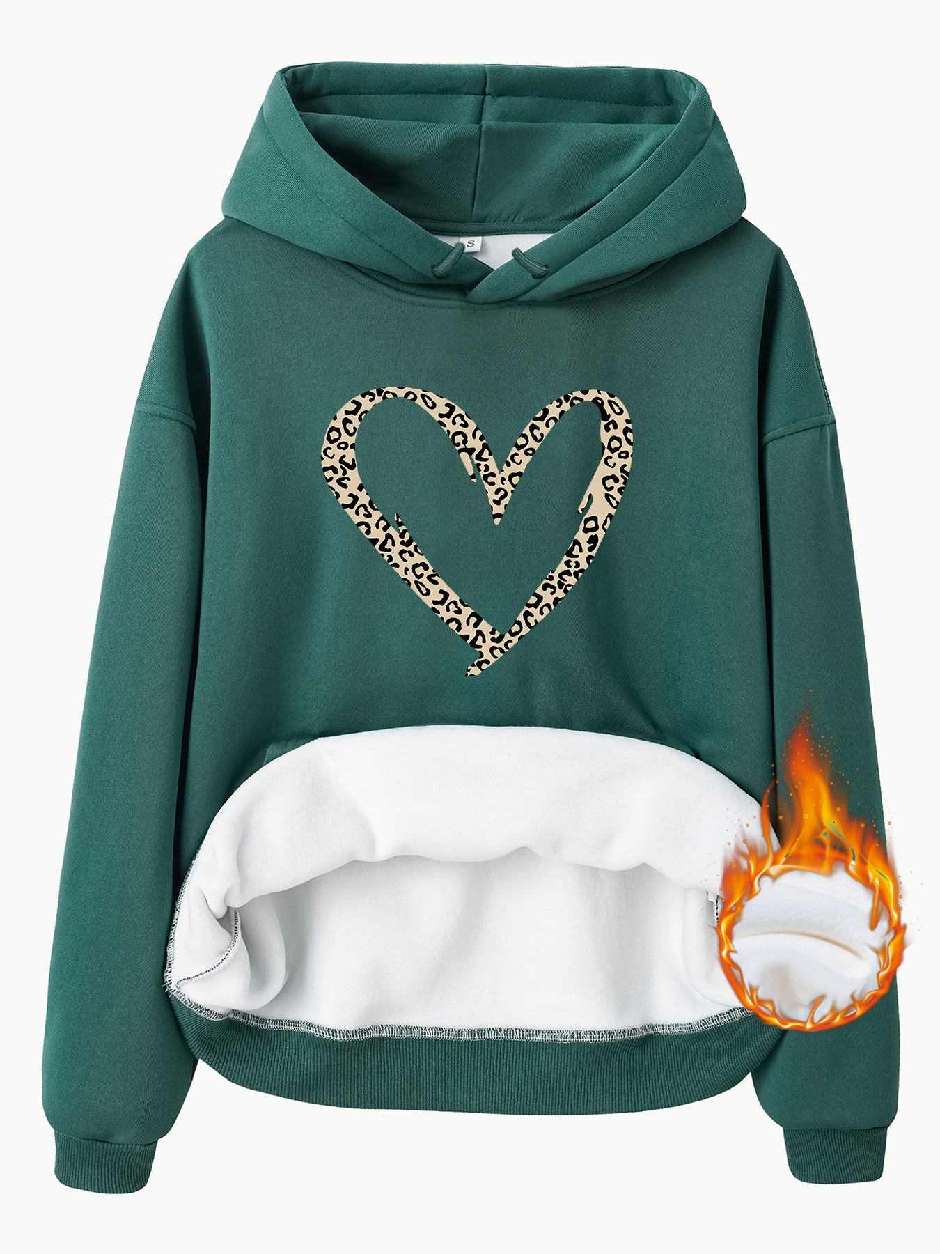 Hooded Long Sleeve Fleece Hoodie with Kangaroo Pocket and Heart-Shaped Print