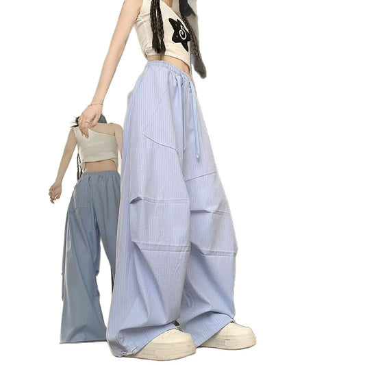Blue Striped Hanging Wide Leg Casual Pants for Women