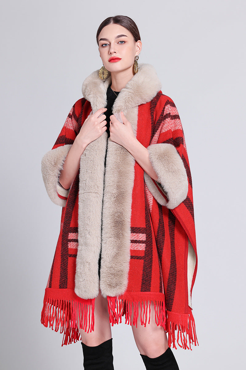 Poncho with Fleece Lining - Thick Knitted Hooded Shawl Featuring Fur Collar and Tassels