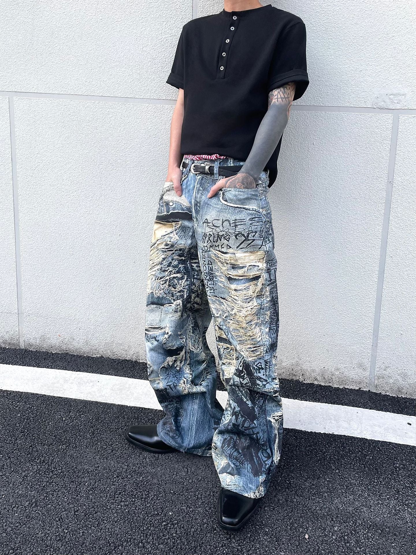 Playful Letter Flower Denim Jeans for Men