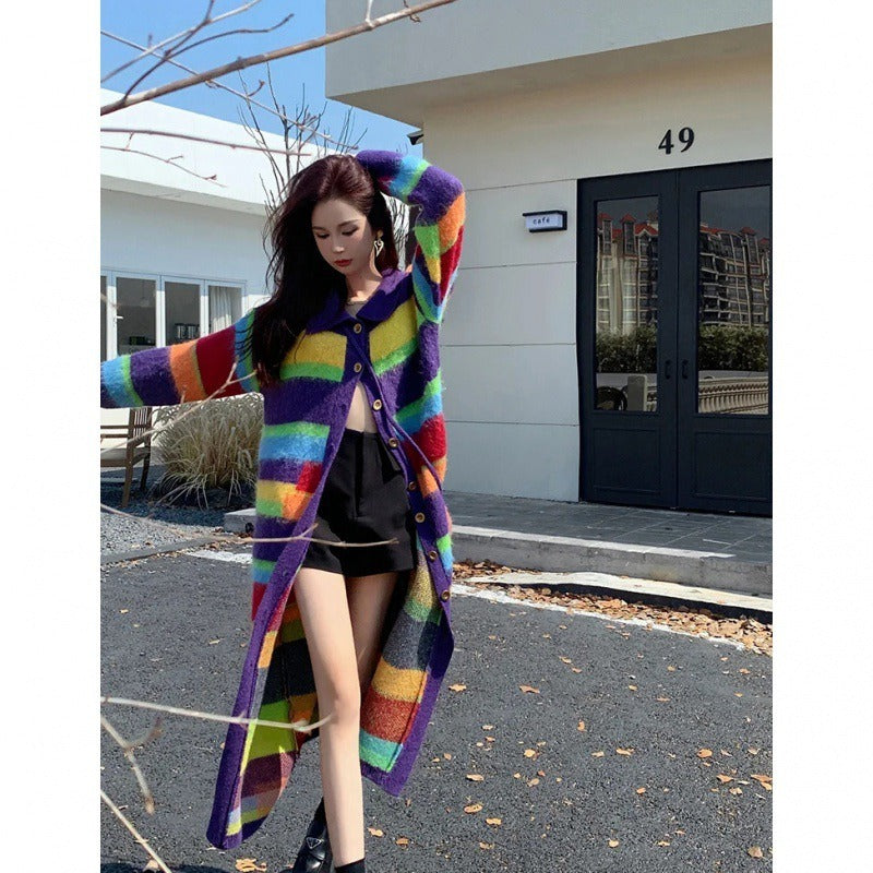 Rainbow Striped Sweater Coat for Women - Autumn & Winter