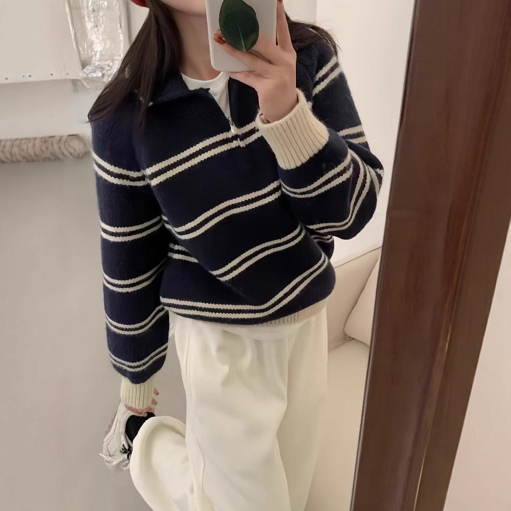 Striped Polo Neck Crewneck Sweater for Women, Half-Zip Turn-Down Collar Soft Knit Top