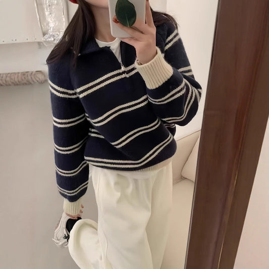 Striped Polo Neck Crewneck Sweater for Women, Half-Zip Turn-Down Collar Soft Knit Top