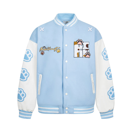 Retro Cute Dog Paw Embroidery Baseball Jacket