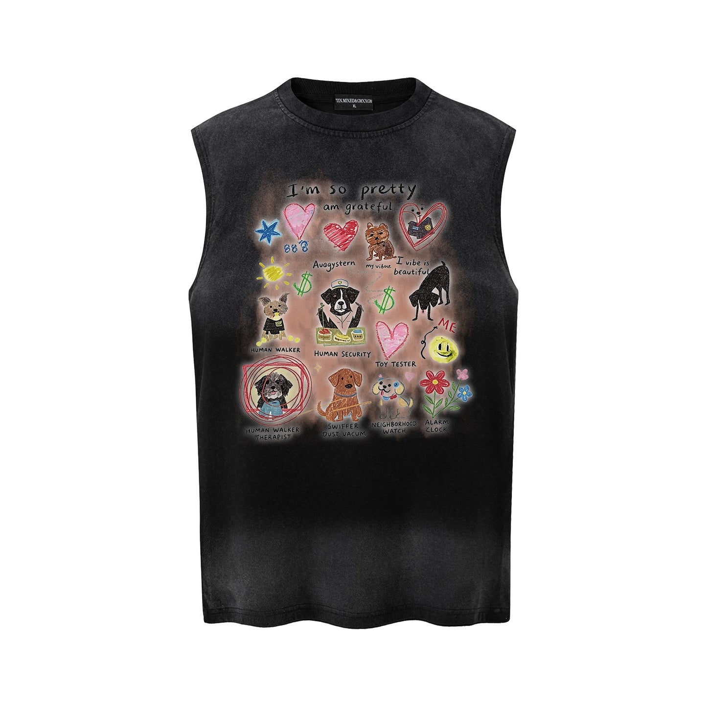 Different Dog Graffiti Vest — Harajuku Street Fashion Cotton Blended Loose Fit (Black, Pink, M/L/XL)