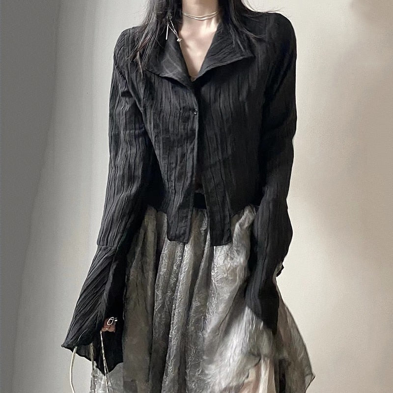 Karrram Gothic Black Shirt - Yamamoto Style Dark Aesthetic Blouse for Women - Irregular Designer Emo Alt Grunge Tops - Y2K Fashion