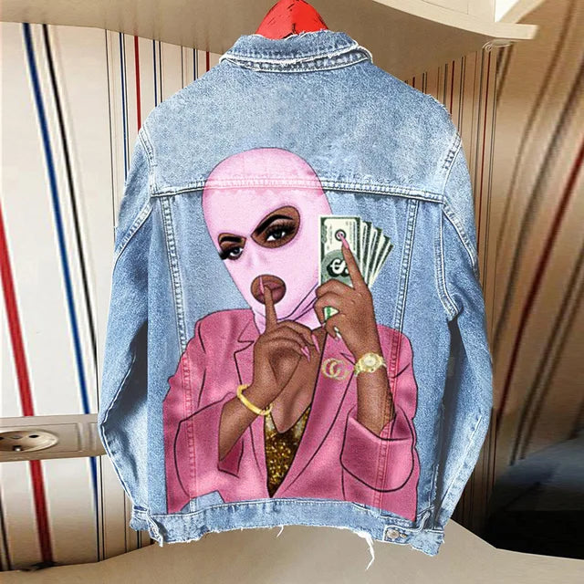 Harajuku Style Denim Jacket with Tongue Out Print