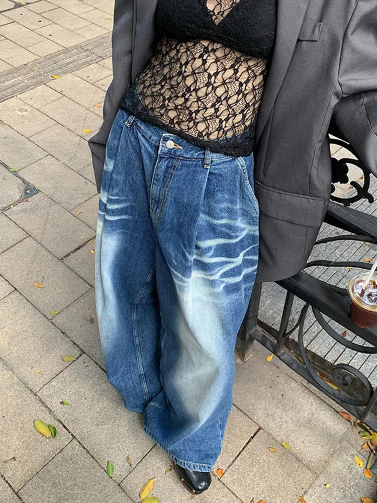 Harajuku Style Loose Pleated Wide Leg Jeans for Women