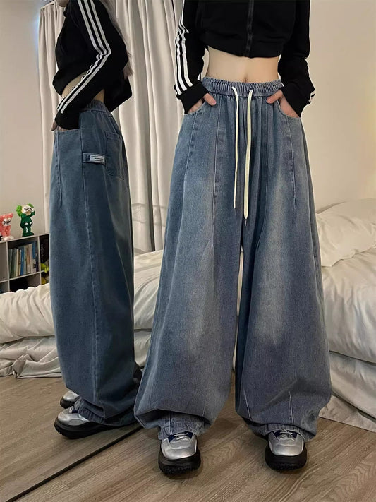 Playful Vintage Baggy Jeans for Women - Elastic Waist Oversized Denim