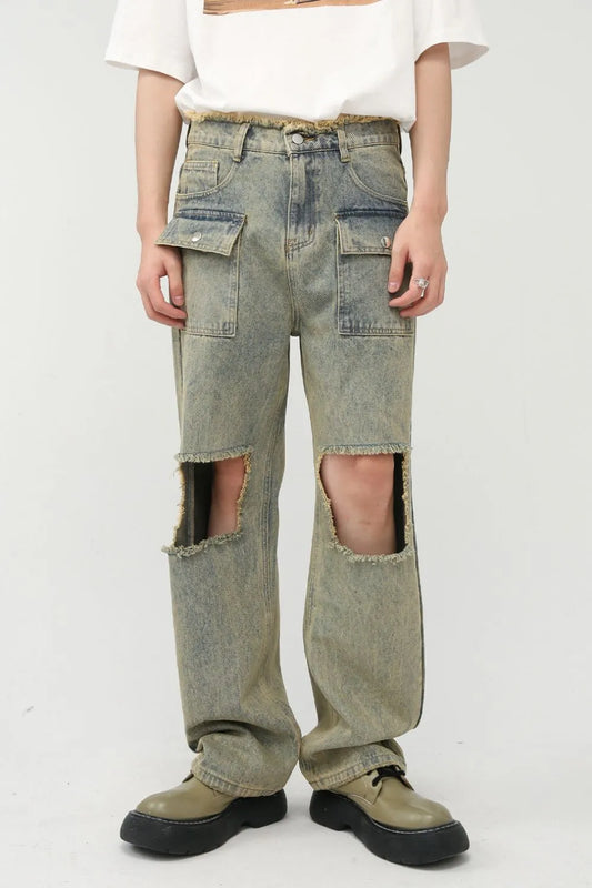 Raw Hem Distressed Jeans - Harajuku Style