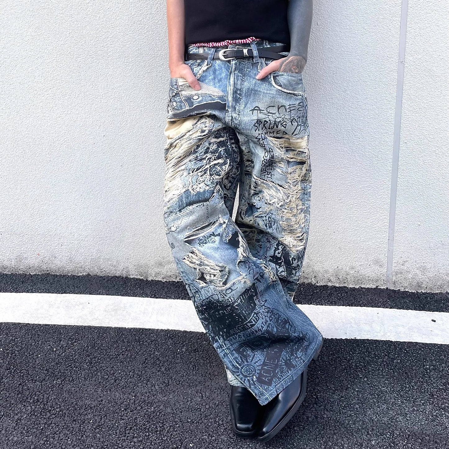 Playful Letter Flower Denim Jeans for Men