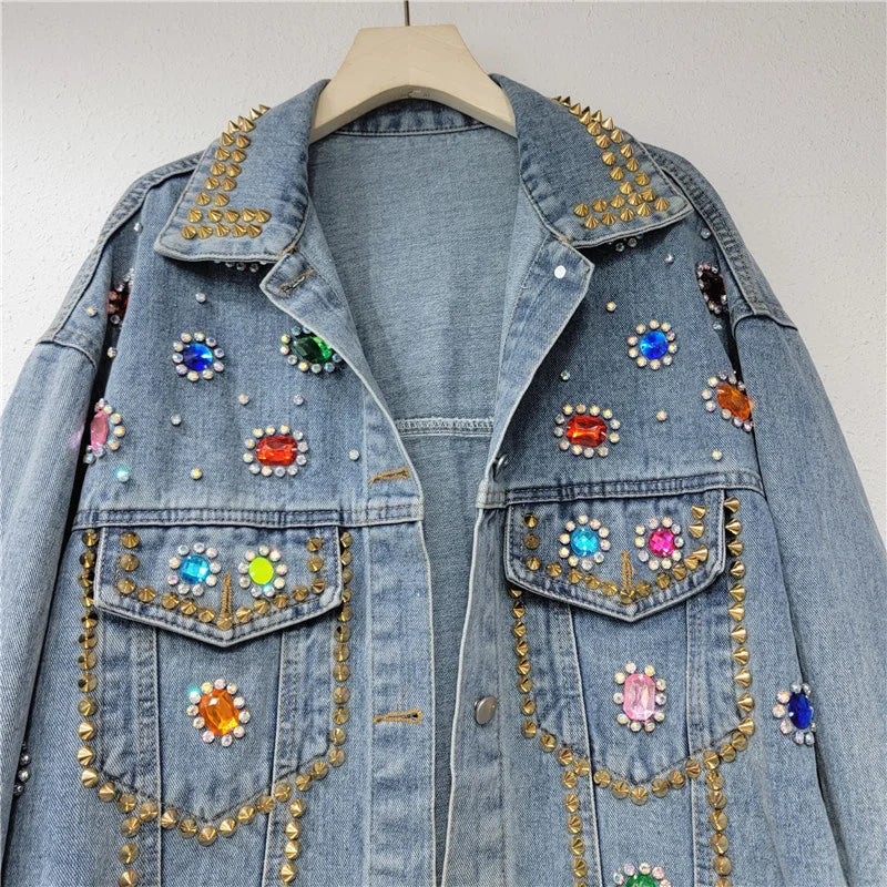 Colorful Beaded Denim Jacket - Harajuku Style